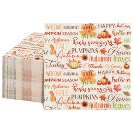 NatNarr 100 Pcs Fall Paper Napkins, Autumn Cocktail Napkins with Maple Leaves Pumpkins Words Disposable Thanksgiving Napkin Fall Dessert Beverage Napkin for Harvest Home Kitchen, 5X5 Inch