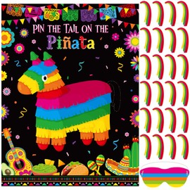 Faccito Mexican Fiesta Party Games Pin Tail Game Poster with 24 Stickers Blindfold for Cinco De Mayo Birthday Party Supplies(Donkey)
