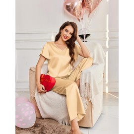 Ekouaer Silk Pajamas Satin 2 Piece Short Sleeve Top and Long Pants Pj Sets Silky Sleepwear Loungewear Khaki Medium