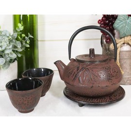 Ebros Gift Maroon Red Japanese Evergreen Bamboo Traditional Heavy Cast Iron Tea Pot Set With Trivet and Cups Set Serves 2 Home Decor Asian Living Gift And Housewarming