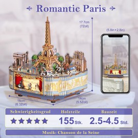 Tonecheer Spieluhr Holz 3D Puzzle, DIY Modellbausatz für Erwachsene, Drehbare Musikbox, Holzpuzzle Geschenke zur Hausdekoration Geschenk für Geburtstag Weihnachten Teenage(Romantisches Paris)
