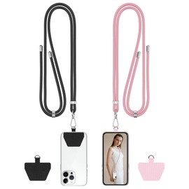 COCASES Crossbody Phone Lanyard Strap with Patch, Adjustable Nylon Neck Strap Necklace Phone Compatible with Most Smartphones (Black & Pink)