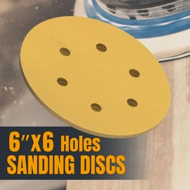 POWERTEC 45212G-50 6-Inch 6 Hole 120 Grit Hook and Loop Sanding Discs, Gold, 50-Pack