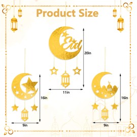 WEEPA 3 Pcs Ramadan Decorations Ramadan Hanging Ornaments Wall Decor Ramadan Party Decoration Eid Hanging Decorations for Hanging on Walls Windows Trees (Gold)