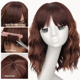 Nnzes Short Wavy Wig with Bangs for Women Shoulder Length Bob Curly Women's Charming Synthetic Natural Wavy Brown highlight Heat Resistant Hair for Daily Party Use