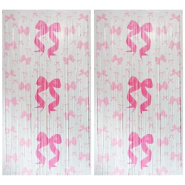 Pink White Metallic Tinsel Bow Foil Fringe Curtain, 2 Pack 3.3 x 6.6 Ft Bow Backdrop Party Streams for Girl Women Birthday Bow Party Decorations Baby Shower Betrothal Wedding Photo booth Background