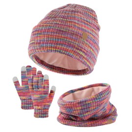 Lifup 3-in-1 Children's Winter Hat Scarf Gloves Set for Boys Girls 4-10 Years, Winter Hat with Bobble Knitted Hat Tube Scarf Winter Gloves Set, Rainbow Mix