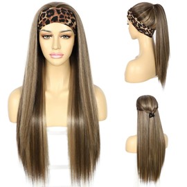 SAPPHIREWIGS Straight Headband Wig Ready to Go Glueless Synthetic Highlight Brown Headband Wigs Long Straight Wig for Black Women Daily Party Use 26 Inch