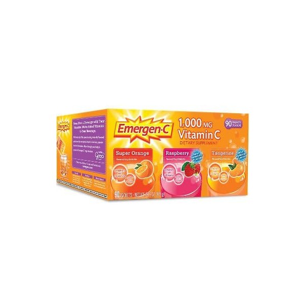 Emergen-C 1,000 mg Vitamin C Dietary Supplement Drink Mix, Super Orange/Raspberry/Tropical, 90 Packets, Net Wt. 28.5 oz.