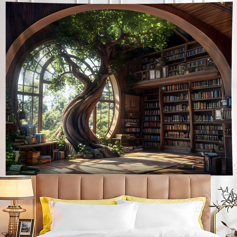 NYZE Library Tapestry Wall Haning, Magic School Bookshelf Tapestry Study
