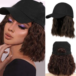 ASAYUMI Hat Wig for Women Short Wave Baseball Cap Wig with Curly Hair Extensions Wig Synthetic Wave Wig Hat Adjustable Brown Baseball Hat Wig