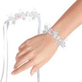 Wedding Flower Girl Headband Princess Crystal Headpiece Wristlet Flower Crown Hair Accessories Bridal Wedding Hair Band Women Pearl Headband for Birthday Party (Pink, One size)