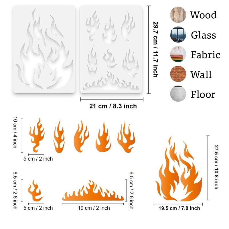 2Pcs Flame Wall Stencil Templates 29.7 x 21cm Reusable Plastic