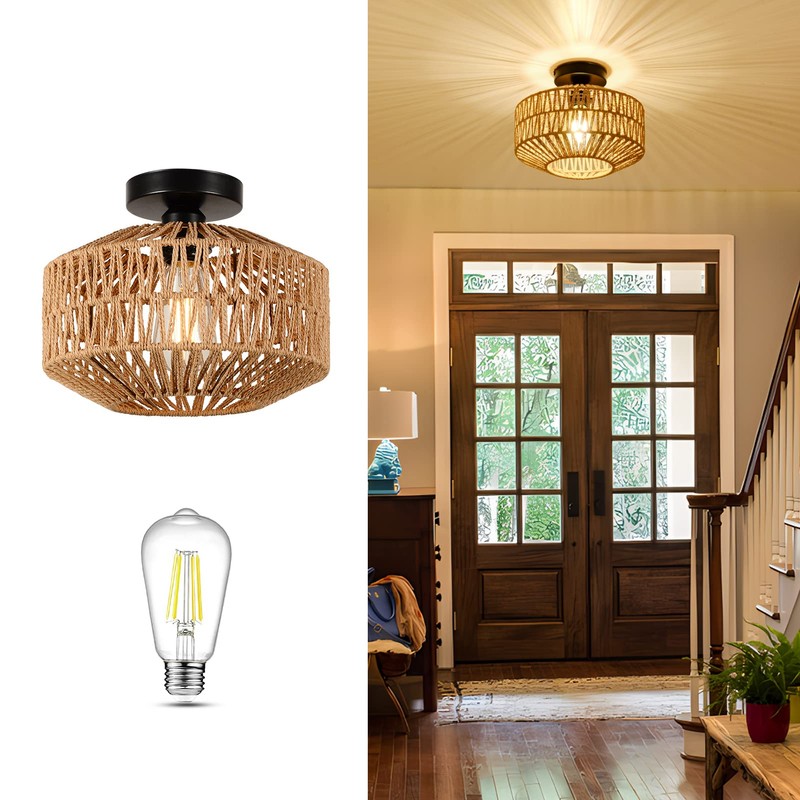Jobtical Boho Light Fixtures Ceiling Mount,Mini Rattan Chandelier Light Fixture