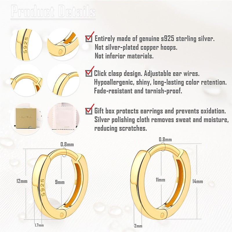 Suejin 18K Gold Plated 925 Sterling Silver Hoop Earrings for