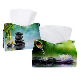 2 Pack Tissue Box Cover Holder, Zen Garden Waterlily Rectangle Leather Tissue Case, Decorative Organizer for Tabletop, Bathroom, Car, Office