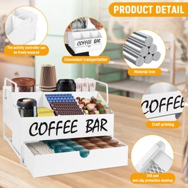 Coffee Bar Accessories Organizer - Countertop Coffee Station with Drawer, Pod Holder & Condiment Organizer，White