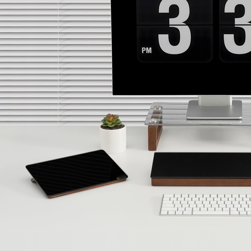 Black Glass Desk Whiteboard with Reversible Wood Stand, Small Portable