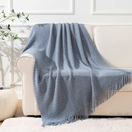 BATTILO HOME Dusty Blue Throw Blanket for Sofa Couch Office Living Room Home Decor Textured Soft Cozy Knit Throw with Tassels Suitable All Seasons 50"x60"