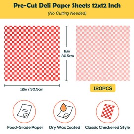 YQL 120PCS Deli Paper Sheets 12x12", Red Checkered Wax Paper for Food Wrapping, Grease Resistant Sandwich Wrap Parchment Liners, Disposable Food Basket Liners for Burgers, Parties, Fairs & Picnic Use