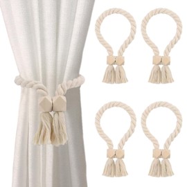 tlidfgeo 2 Pcs Curtain Holder,Magnetic Curtain Tiebacks,Wooden Ball Magnetic Curtain Tiebacks, Natural Cotton Hand Woven Rope Curtain Holdbacks for Thin & Thick Home & Office Window Draperies(Beige)