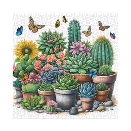 Beautiful Succulent Flower Butterfly Puzzles for Adults 1000 Pieces Nature, Aesthetic Cactus Plant Jigsaw Puzzle, Difficult Nature Art Puzzles