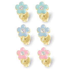 Gold Plated 3-Pair Set Blue, Mint Green, and Light Pink Pastel Enamel Crystal Stem Flower Stud Earrings