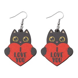 Valentines Day Love Hearts Wooden Drop Earrings Red Pink Heart Shape Cute Cat Double Printed Wood Dangle Earrings I Love You Pendant Earrings for Women Mom-Style C