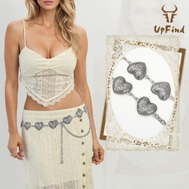 UpFind Women Western Metal Silver Chain Belt Concho Belt Cowgirl Waist Link for Jeans Dresses Concert Boho Outfits Plus Size