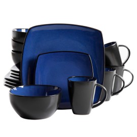 Gibson Elite Soho Lounge Square Reactive Glaze Stoneware Dinnerware Set, Service for 4 (16pc), Sapphire