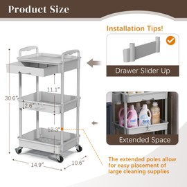 EaseSky Rolling Utility Cart with Drawer 3 Tier, Utility Storage Organizer with Plastic Shelf & Lockable Wheels Multifunctional Storage Cart for Kitchen, Bathroom, Office, Living Room, Gray