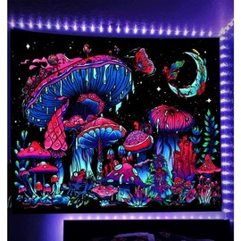 Blacklight Mushroom Tapestry, Glow In The Dark Tapestry Black Light  Tapestry Fantasy UV Reactive Mushroom Butterfly Moon Tapestries Posters Wall Hanging for Bedroom Dorm Decor(50"x60") - Color: 80.00" x 60.00"