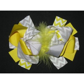 "Handmade" NEW "Yellow & Gray CHEVRON" Fur Hairbow Alligator Clips Girls Ribbon Bows 5.5 in