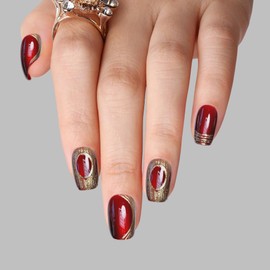 Red Cat Eye Press on Nails Short, 30 Pcs Salon-Like Fake Nails with Glitter Chasing Light Cat Eye Designs,Artificial Acrylic Nails Glue on Nails Stick on Nails for Women