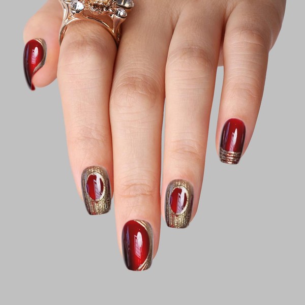 Red Cat Eye Press on Nails Short, 30 Pcs Salon-Like