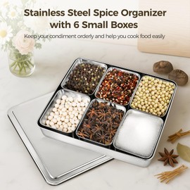 Stainless Steel Seasoning Container, 304 Stainless Steel Divided Serving Tray with Lid, Charcuterie Snack Box Container with 6 Removable Compartments, Food Storage, Snack Platters Organizer (6PCS)