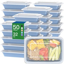 50 Pack (100-Piece) 32 oz Meal Prep Containers Reusable with Easy Open Lids, Sturdy Leakproof Food Safe, Microwave Freezer Dishwasher Safe, To Go Take Out Plastic Food Storage Pans with Lids, Blue