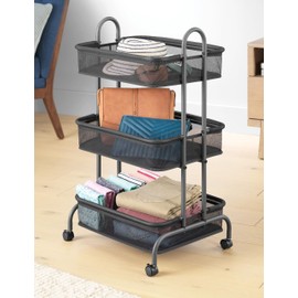 Whitmor Storage Cart Metal 3 Tier Rolling Cart with Wheels, Utility Cart for Bathroom, Bedroom, Bitchen, Laundry Room, Black