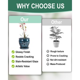 Vensovo 4 Inch Ceramic Orchid Pots with Drainage Holes and Saucers, 2 Pcs Small Planters for Orchids Succulents Repotting, Indoor Outdoor Ceramic Flower Pots for Healthy Root Growth (Blue Brown Mixed)