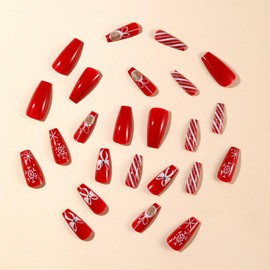 Christmas Press on Nails with White Snowflake Bow Diamond Design, Red White Stripes Fake Nails French Nails Press ons Cute Snow Bow Stick on Nails Artificial Nails Finger Manicure for Women 24pcs