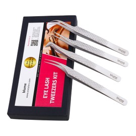 blume Eyelash Extension Tweezers Set of 4 Pieces- Stainless Steel False Eyelash Applicator, Eyelash Extensions Tweezers for Easy Lash Application and Removal-Stainless Steel (BM-048)