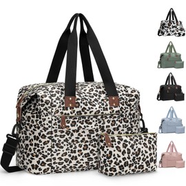 Pritent Travel Duffle Bag, Waterproof Weekender Overnight Hospital Bags for Women Men with Toiletry Bag Lightweight Personal Item Duffle Gym Bag for Travel, Airplanes, Sports(Leopard, Medium)