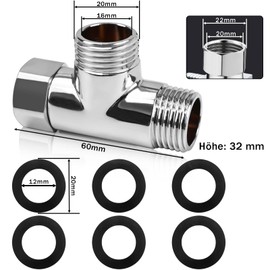 CONJURAIDE T Piece 1/2 Inch, Brass T Piece Water Connection Distributor with 6 Washers 3-Way T-Shape Adapter Shower Hose Adapter for Drinking Water Tap (Diameter 20 mm)