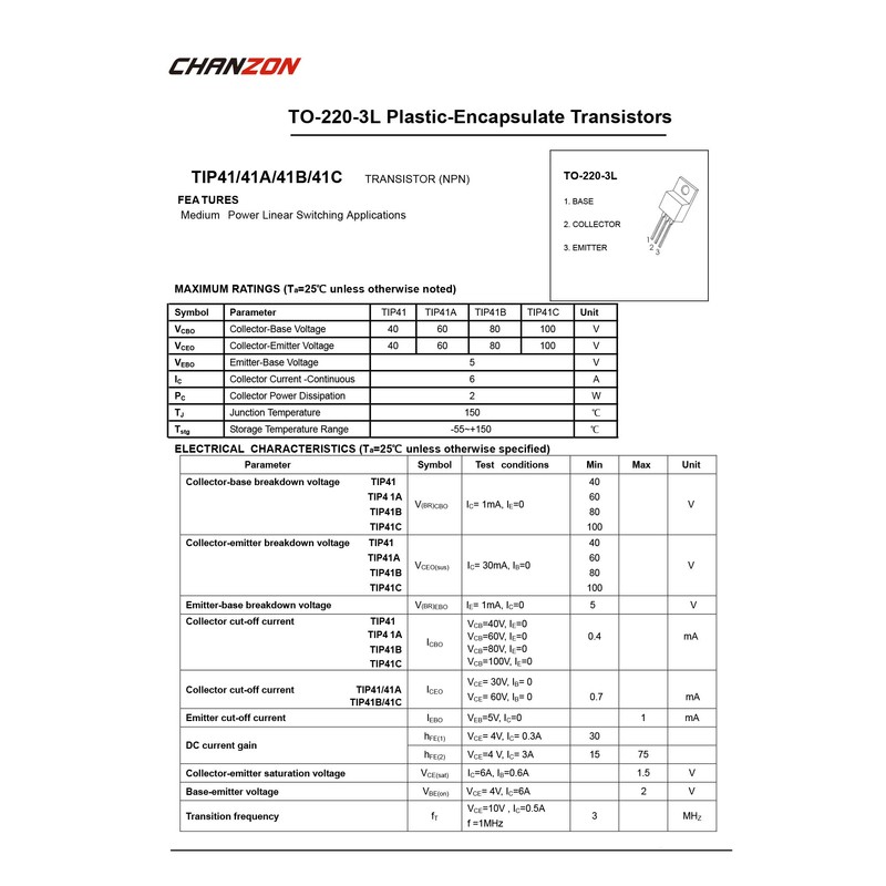 Chanzon 10pcs TIP41C TO-220 NPN Darlington Transistor 6A