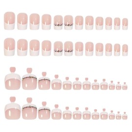 48 Pcs Square Press on Nails & Press on Toenails White French Tip Glue on Nails with Rhinestone Design Glossy Fake Nails Artificial Acrylic Full Cover Stick on Toe Nails for Women Summer Manicure
