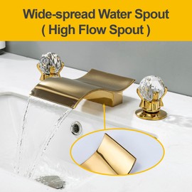 DEOLER Widespread Bathroom Sink Faucet with Crystal Knob 3 Hole Waterfall Vanity Faucet 8 Inch Crystal Bathroom Faucets Deck Mount Basin Mixer Tap with Hose, Polished Gold