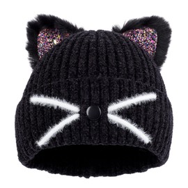 BAOPLAYKIDS Kids Girls Sequin Cat Ear Hat Winter Warm Knit Beanie Cute Ski Skull Cap for Ages 7-12