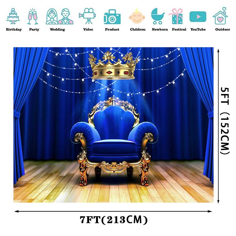 Royal Blue Backdrop, Crown Throne Royal Chair Photography Background, 7x5ft