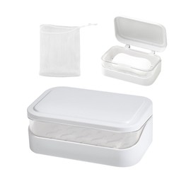 KRYMSON 1 Piece Soap Dish Container with 1 Piece Foam Mesh, Bath Soap Accessories, Double Layer Soap Dish, Leak-proof Soap Dish, Soap Drainer (Cream)