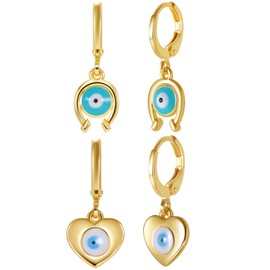 JewelryWe 2Pairs Evil Eye Earrings for Women Girls Gold Plated Eye of Turkish Dangling Stud Earrings